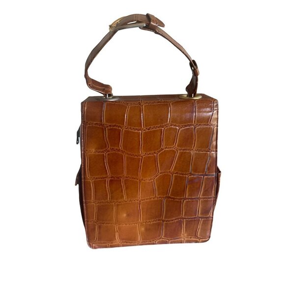 Vintage 1960s Brown Animal Print Faux Leather Clutch Purse Bag Zip Closure